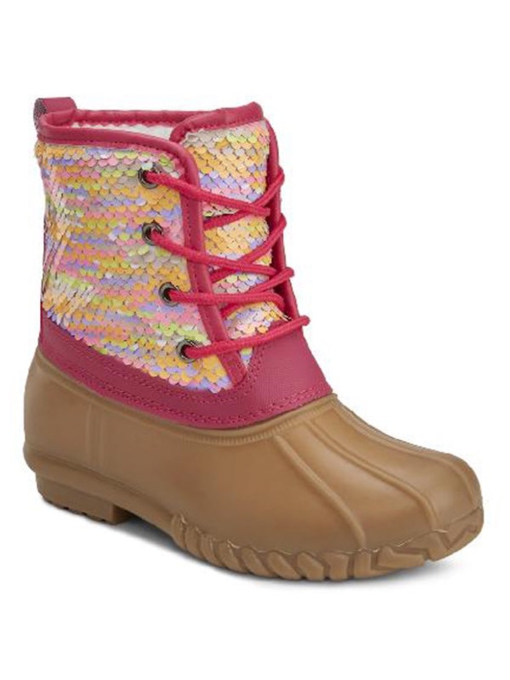 Girls Pink Sequin Lace-Up Rain Duck Boot.
Size 4